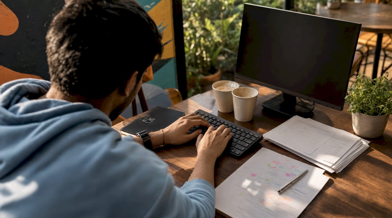 Hands typing near consent documents