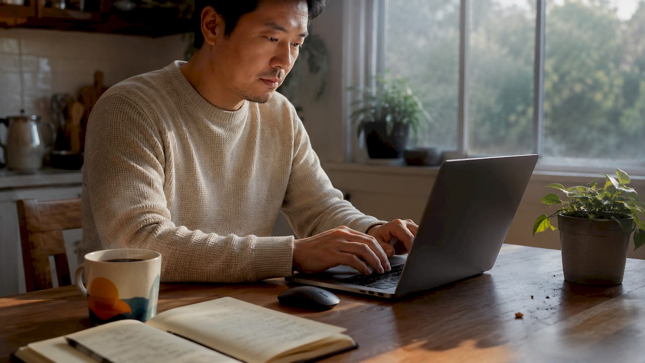 Hands typing on laptop in warm home office