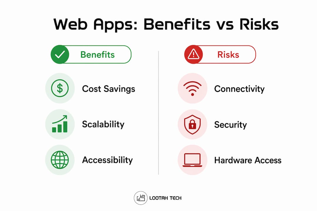 Infographic comparing web application benefits and risks
