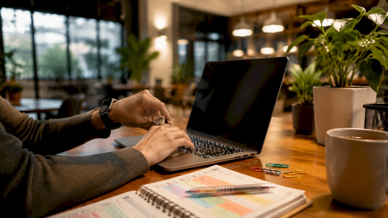 Hands typing and managing fintech workflow automation