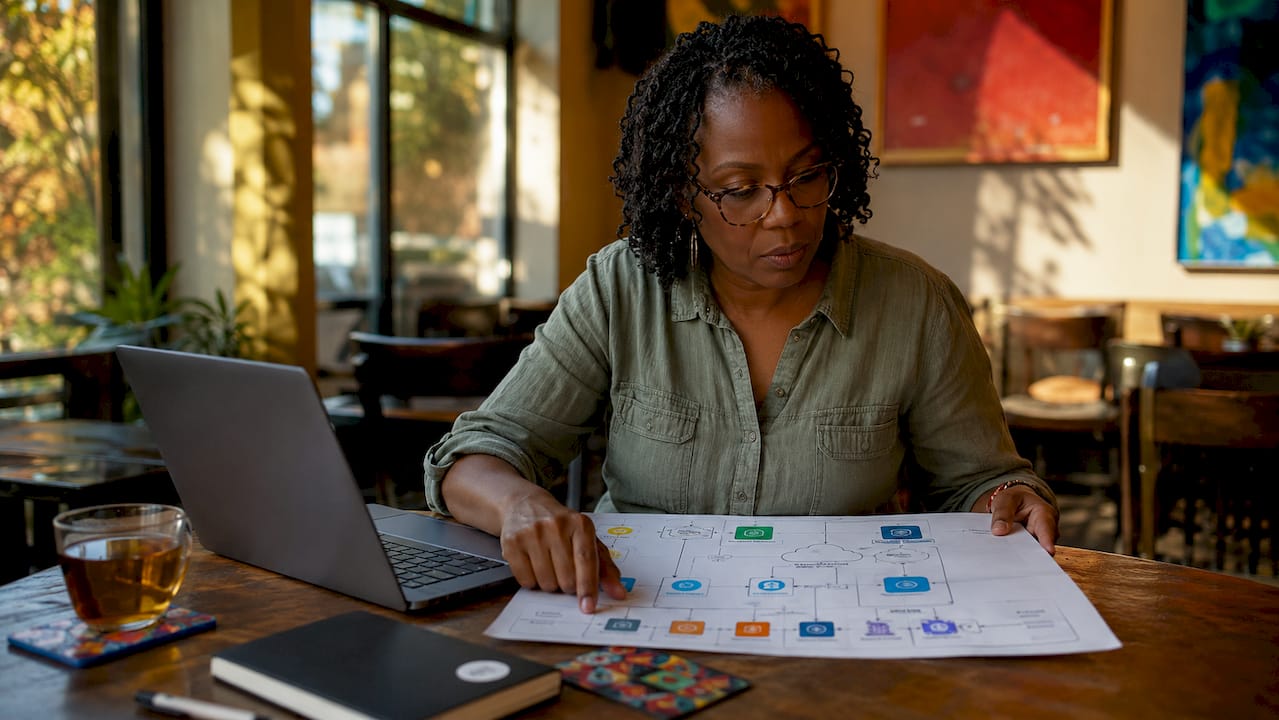 Software architect reviewing SaaS architecture diagram