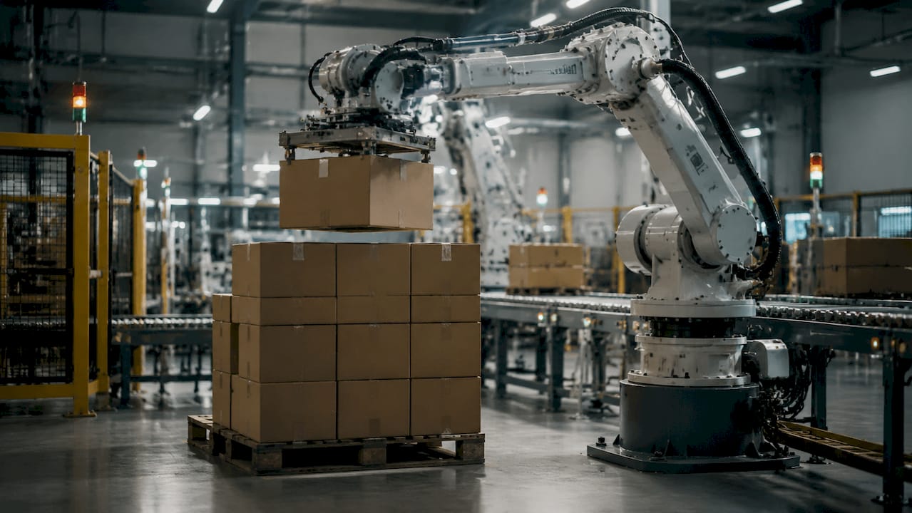 Robotic arm palletizing boxes close-up overhead
