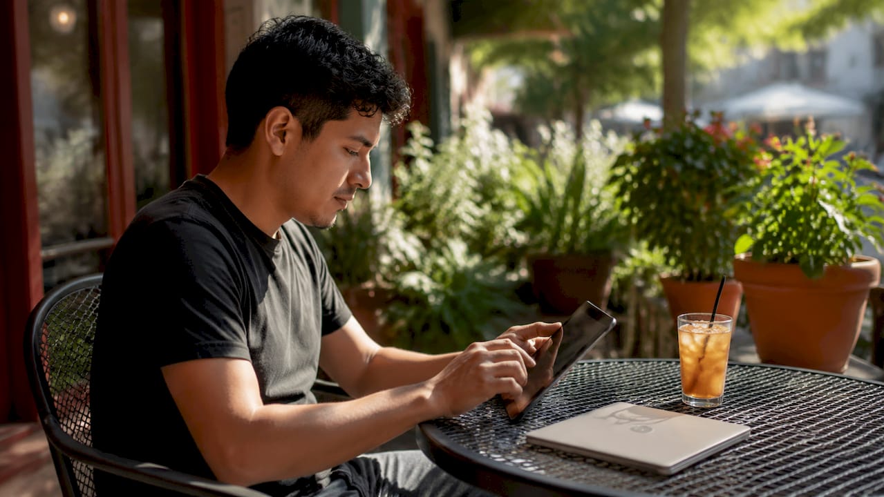 User scrolling website on tablet in café