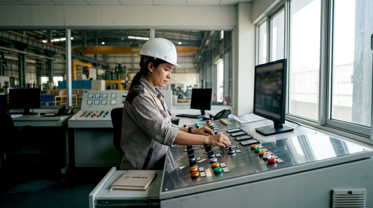 Technician adjusting factory control panel