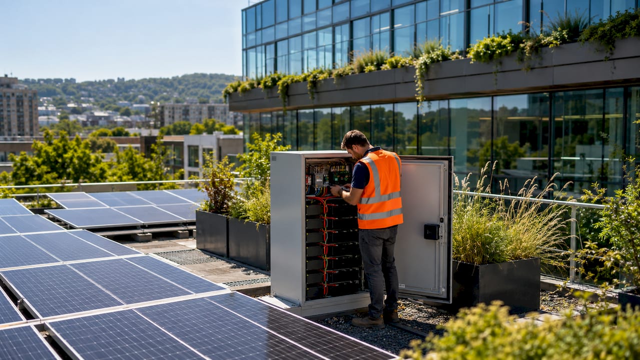 Solar panels and battery storage on corporate rooftop