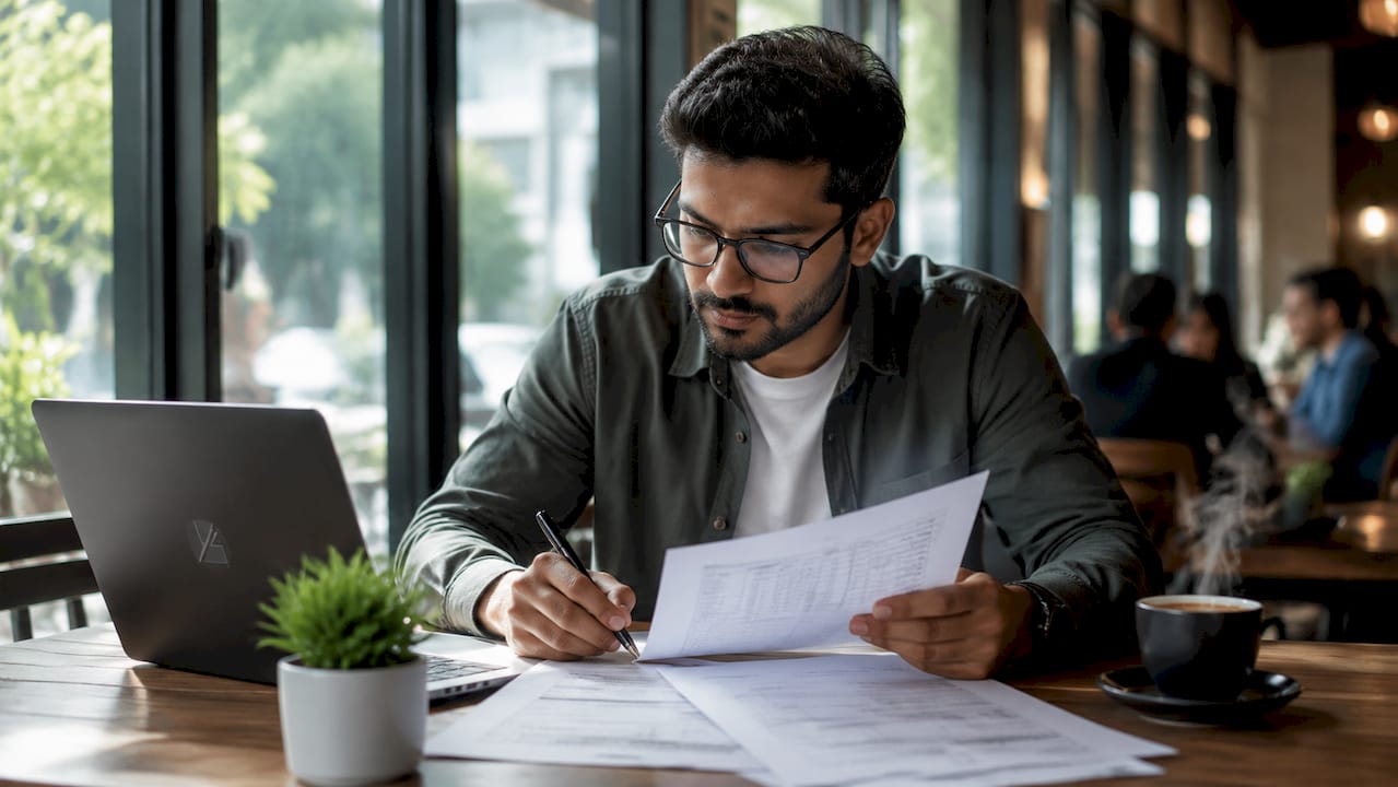 Hands typing on laptop with transaction logs