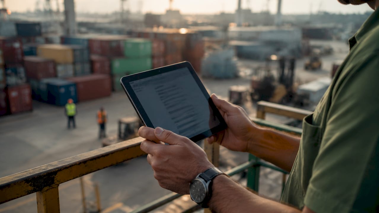 Hands holding tablet in factory predictive maintenance