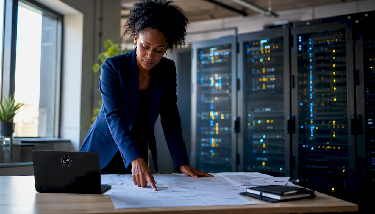 Technician managing data migration in server room