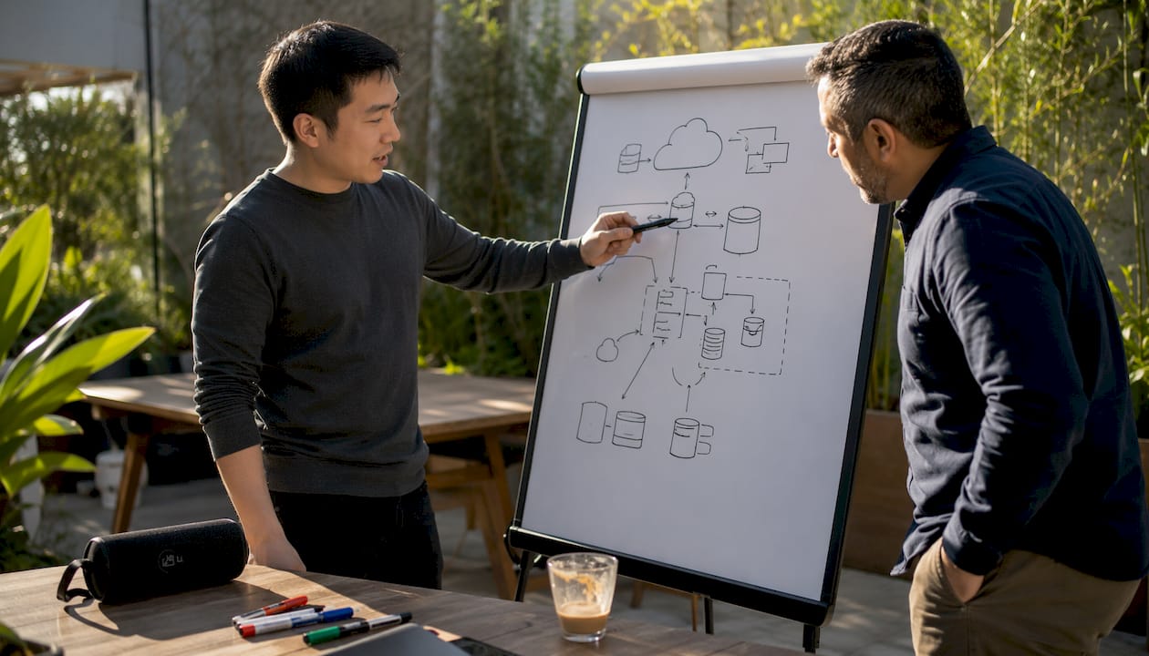 Colleagues discussing cloud architecture on whiteboard