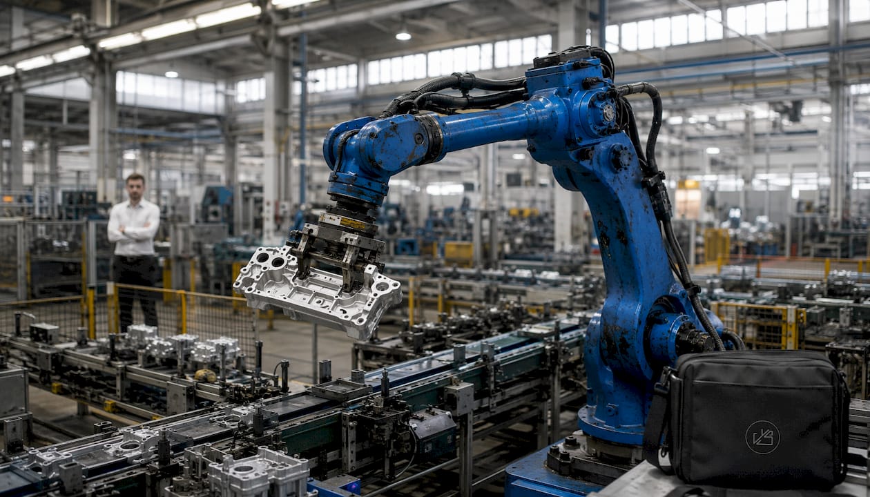 Robotic arm operating on factory assembly line