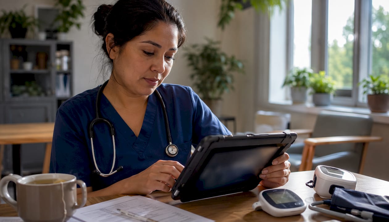 Nurse using virtual care monitoring device