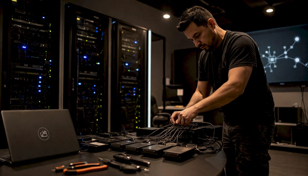 Hands connecting hardware in data pipeline setup
