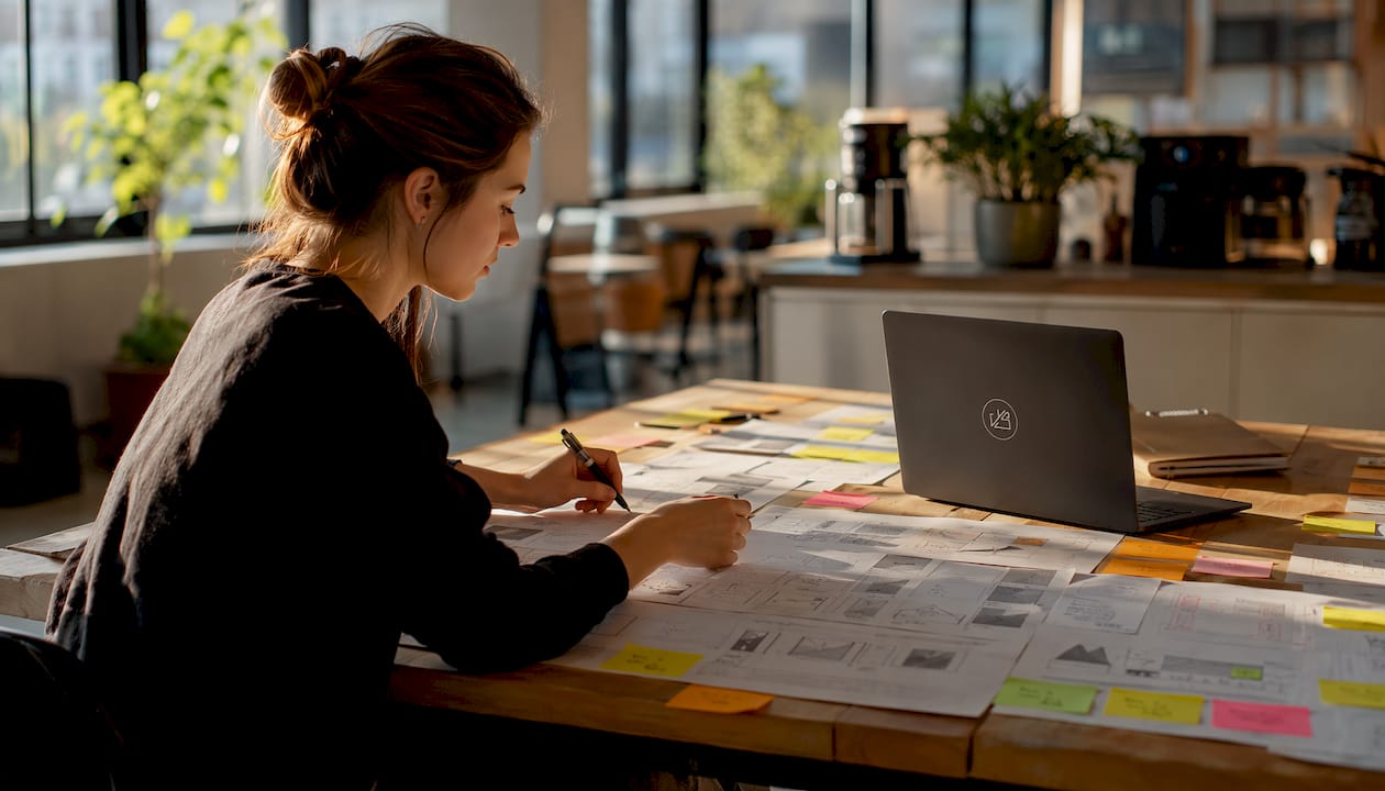 Designer reviewing grayscale UI wireframes