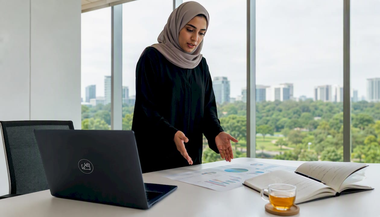Hands discussing Microsoft Dynamics 365 documents