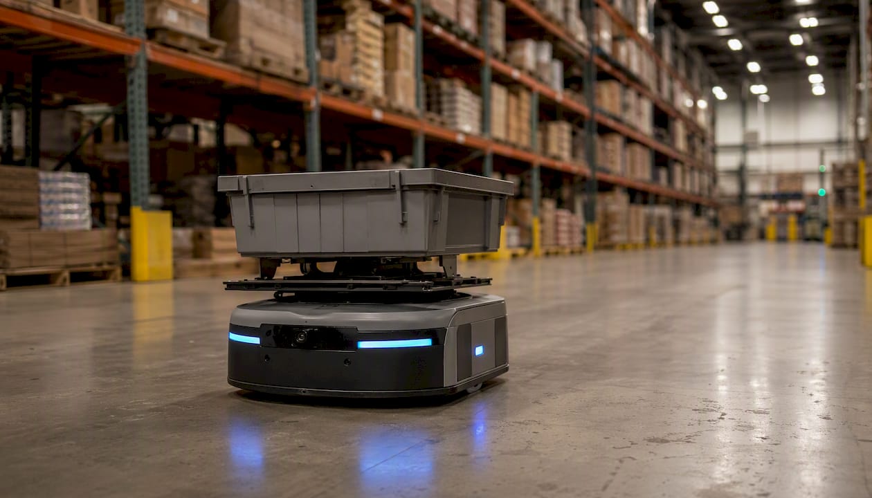 Autonomous mobile robot carrying totes in warehouse