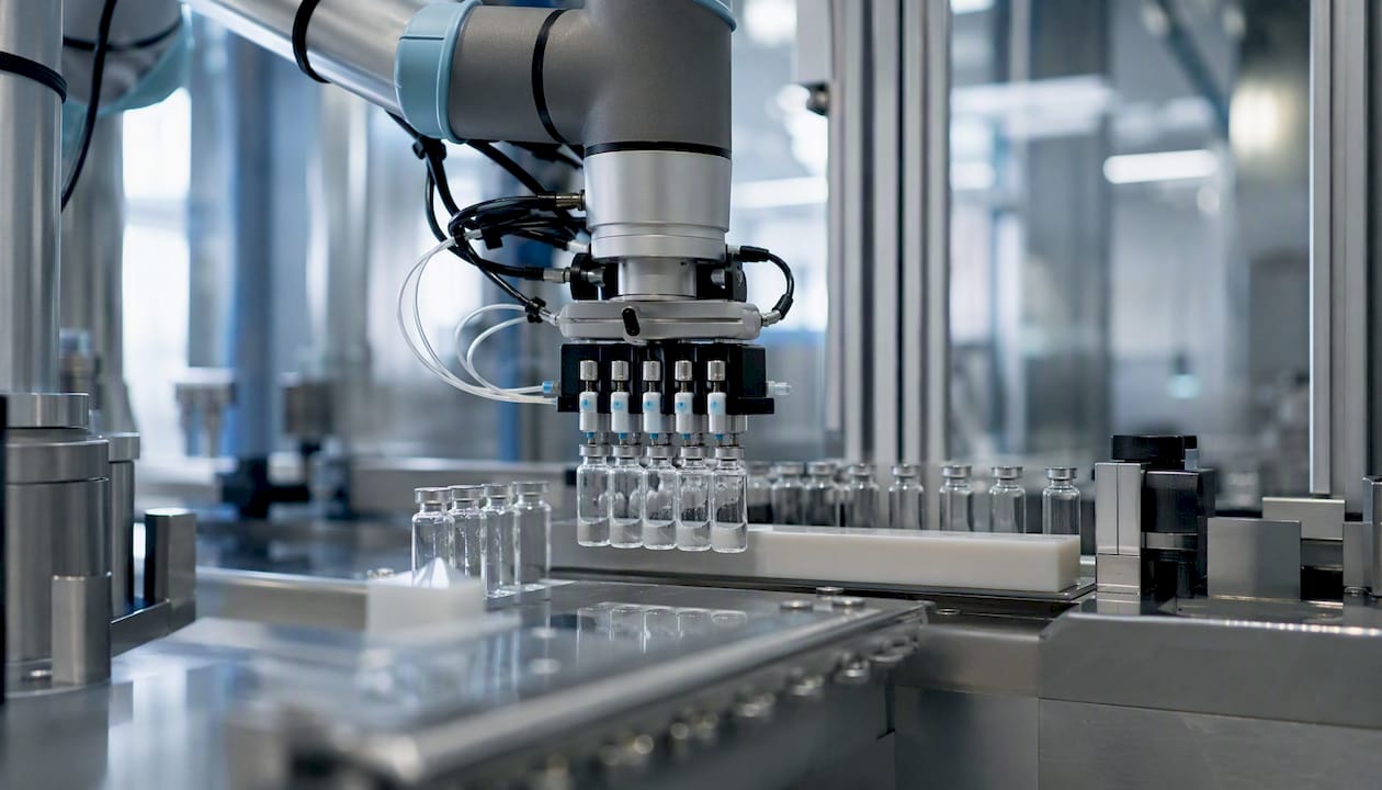 Cleanroom cobot arm loading pharmaceutical vials