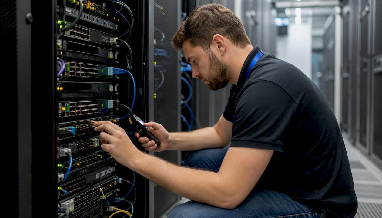 Technician scanning network switch port