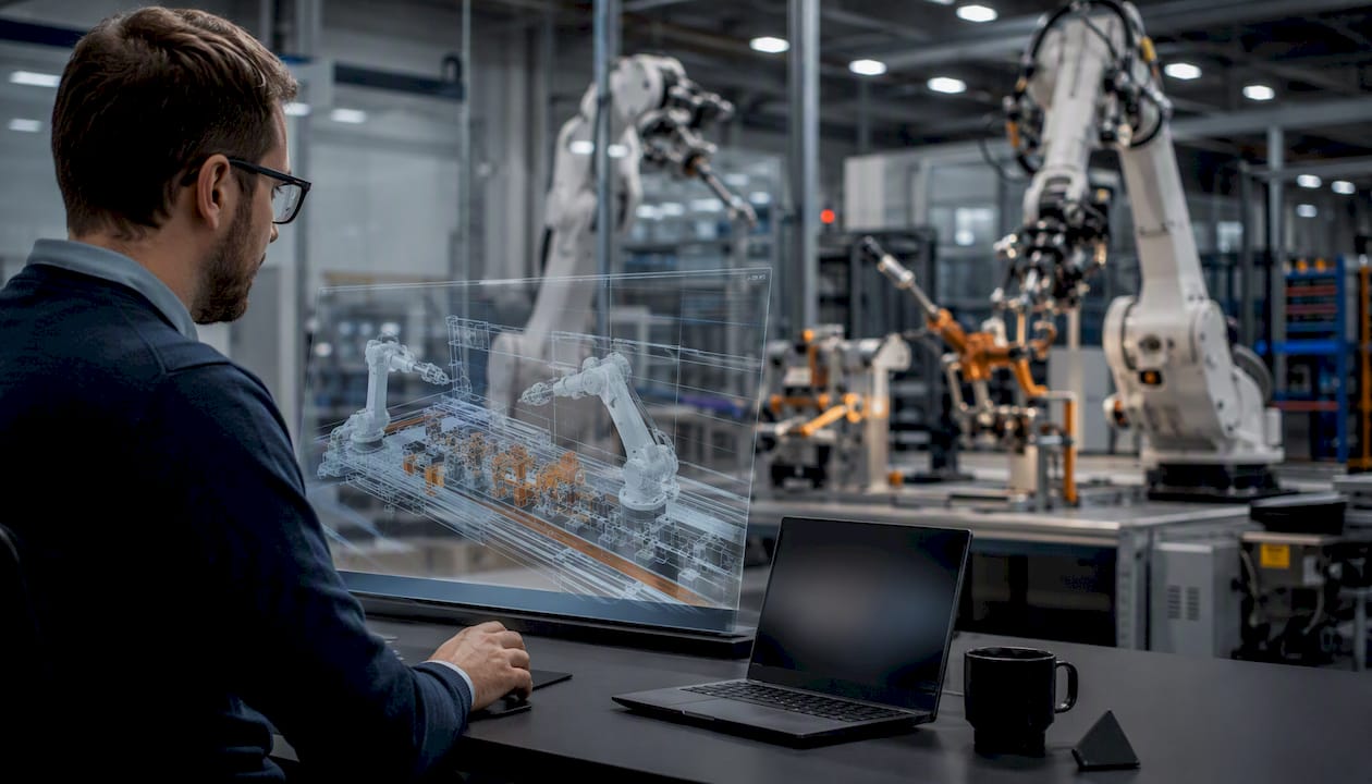 Robotics area with digital twin simulation setup