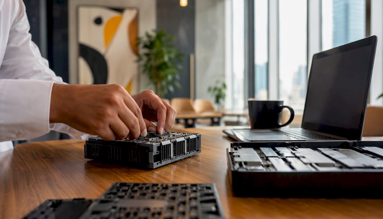 Hands assembling data hardware in UAE office