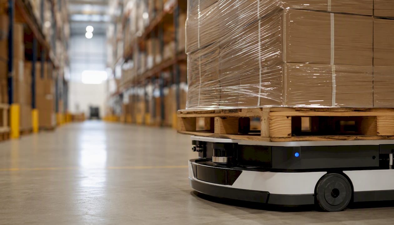 Autonomous robot moving pallet in warehouse