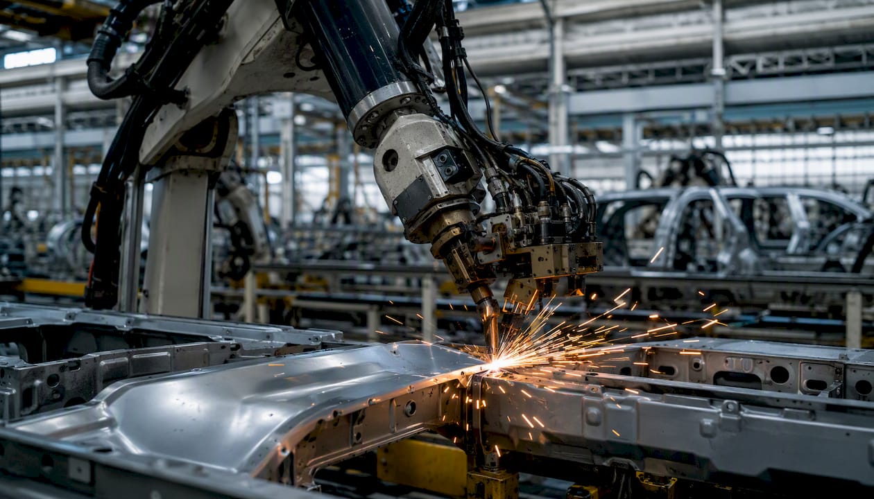 Robotic welding arm welding car panels