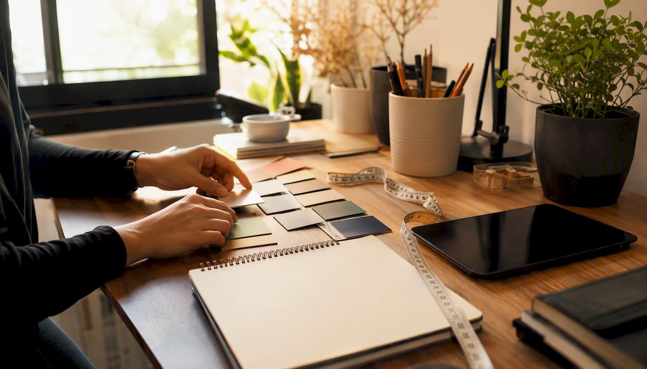 Hands arranging design system color tokens on desk