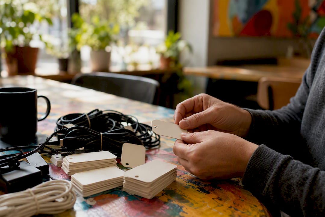 Hands managing asset inventory tags