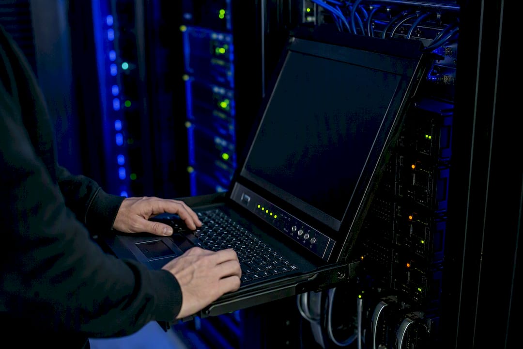 Close-up of server hardware with network buffer lights