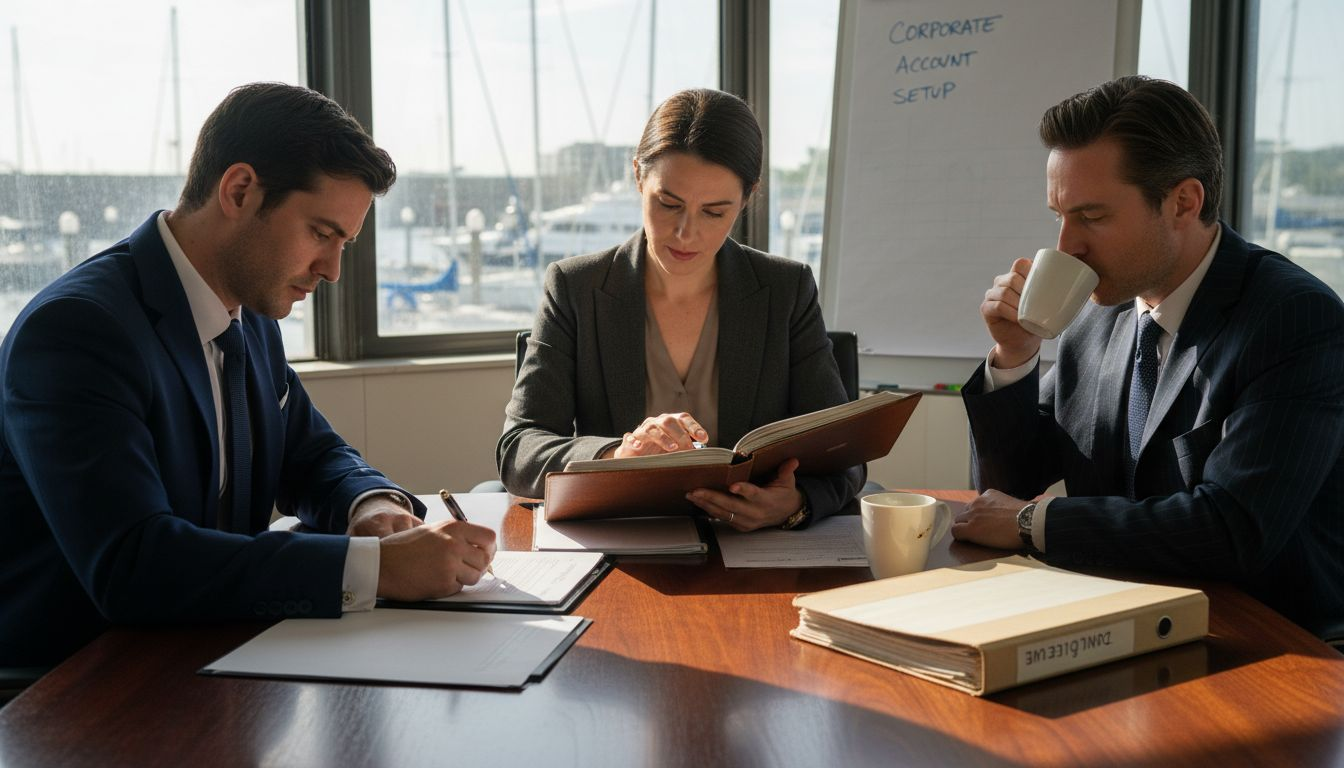 Corporate team setting up offshore business account