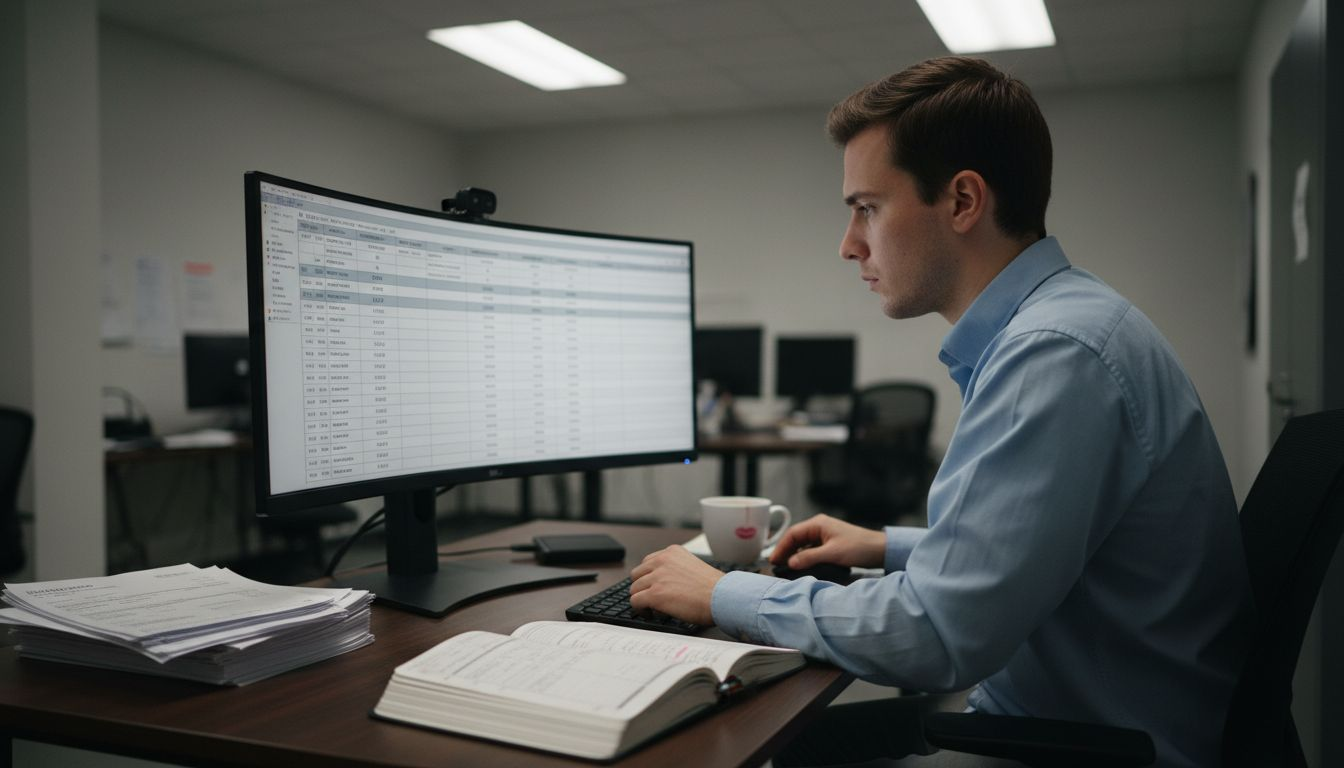 Worker reviewing cryptocurrency deposit spreadsheet