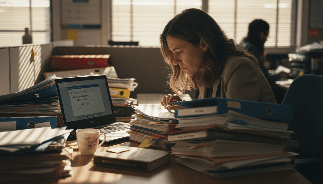 Legal advisor reviewing documents under deadline