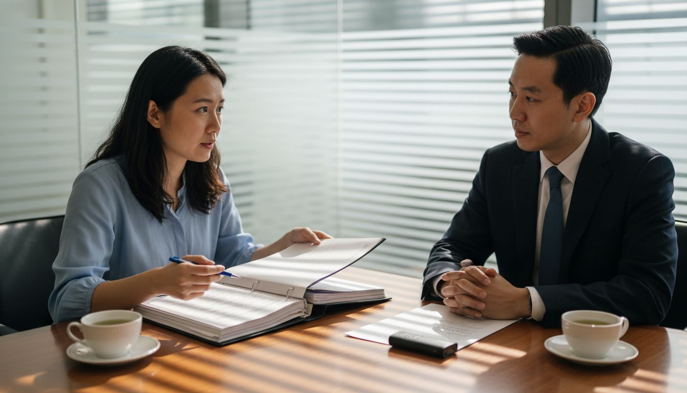 Businesswoman in Singapore bank compliance meeting