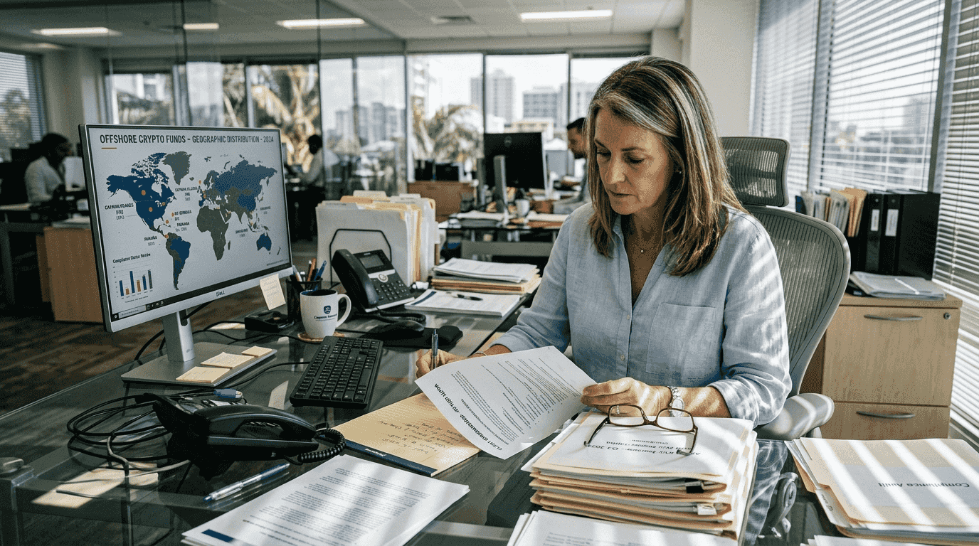 Bank advisor reviewing offshore crypto documents
