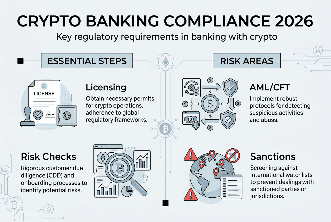 Infographic outlining main crypto banking compliance steps