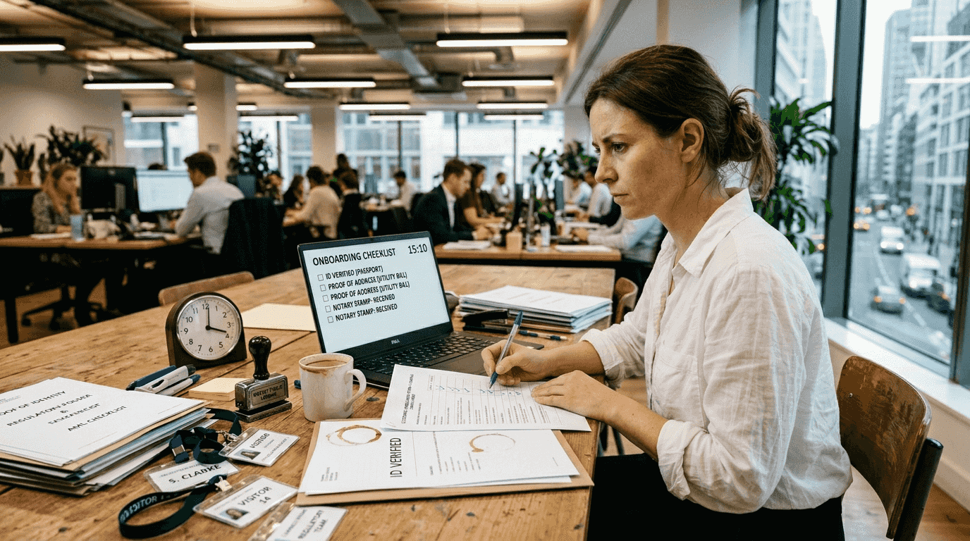 Compliance officer processing offshore onboarding paperwork