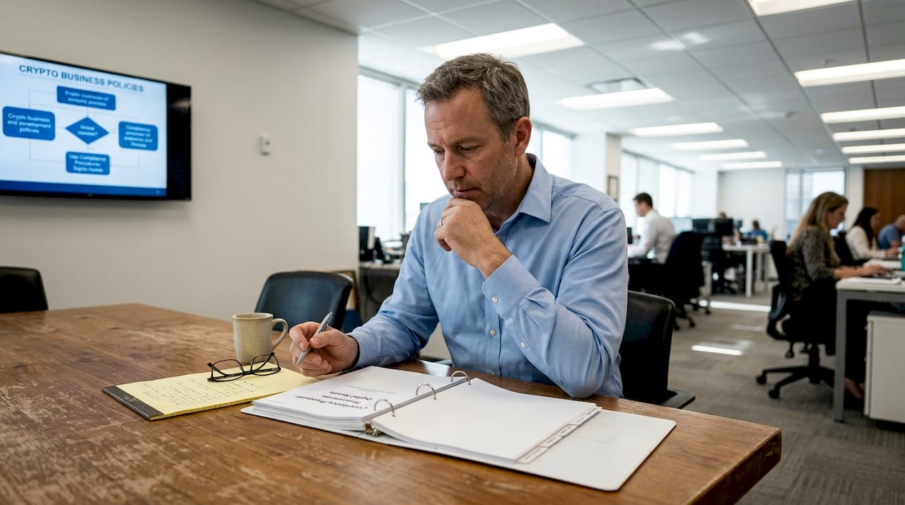 Manager reviewing compliance procedures in office