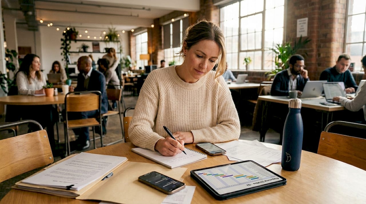 Consultant planning offshore timeline in coworking space
