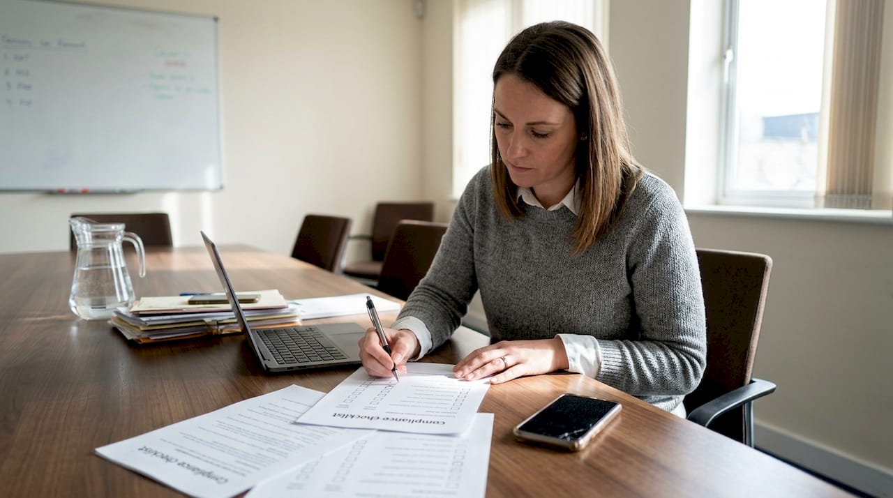 Operations manager reviews compliance checklist at desk