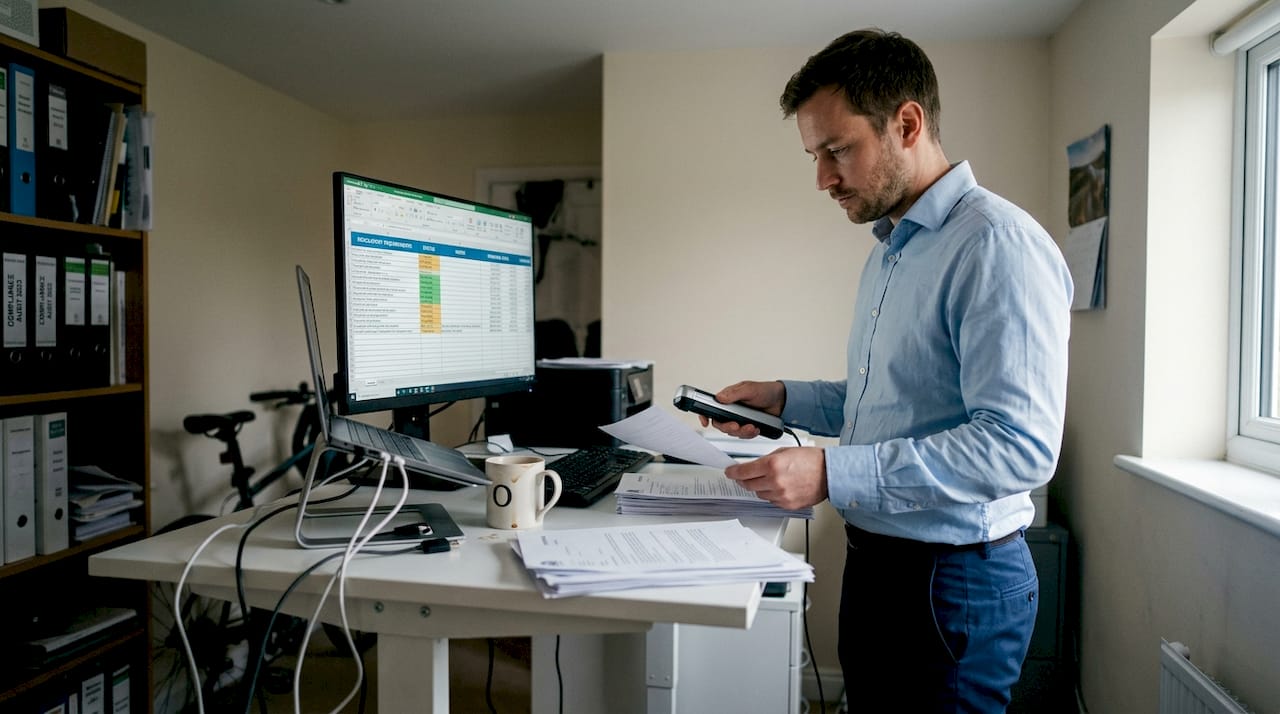 Specialist scanning compliance filings at workstation