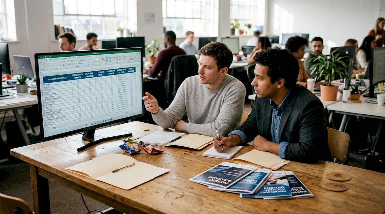 Colleagues compare payment processor options at desk