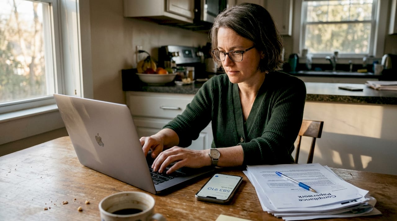 Professional adding compliance safeguards on laptop