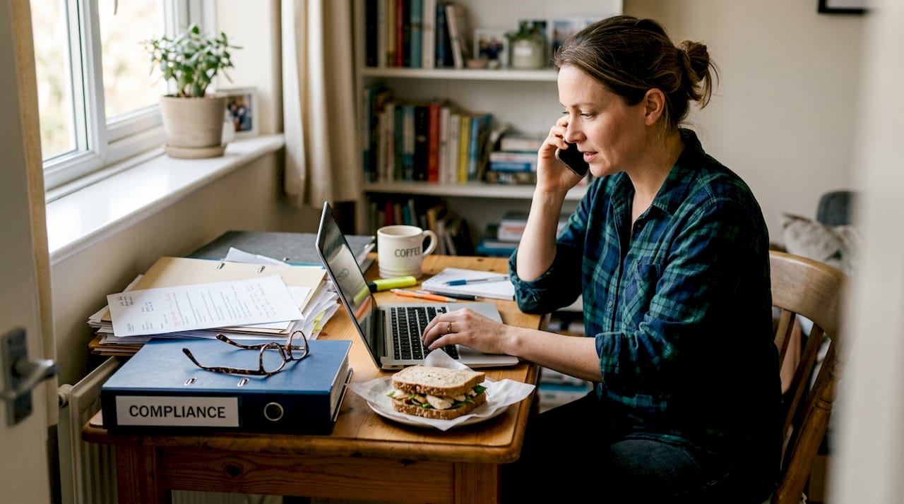 Business owner multitasking at home office desk