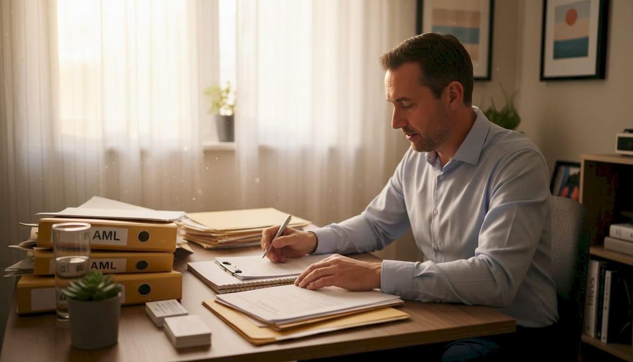 Business owner preparing banking compliance documents