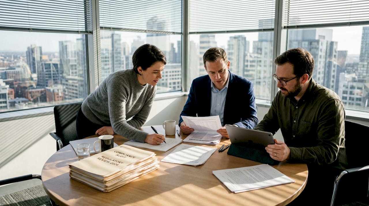 Compliance team discussing regulatory documents