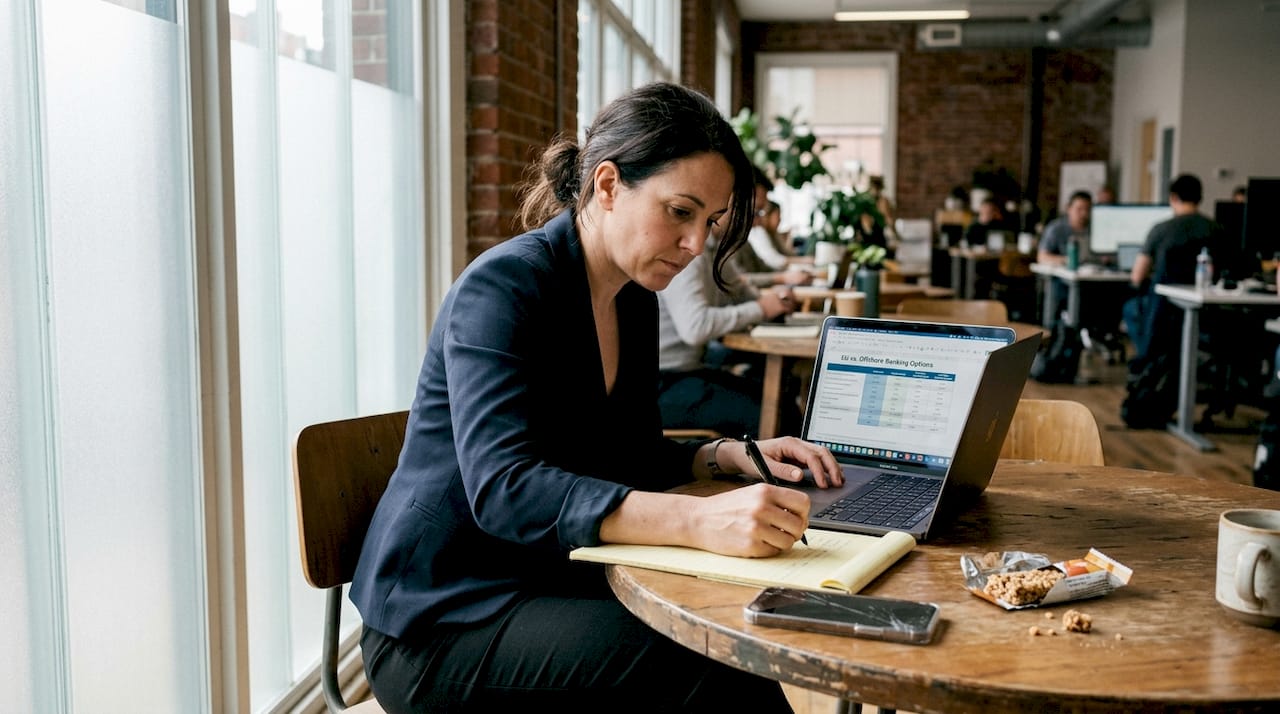 Comparing EU and offshore bank options on laptop