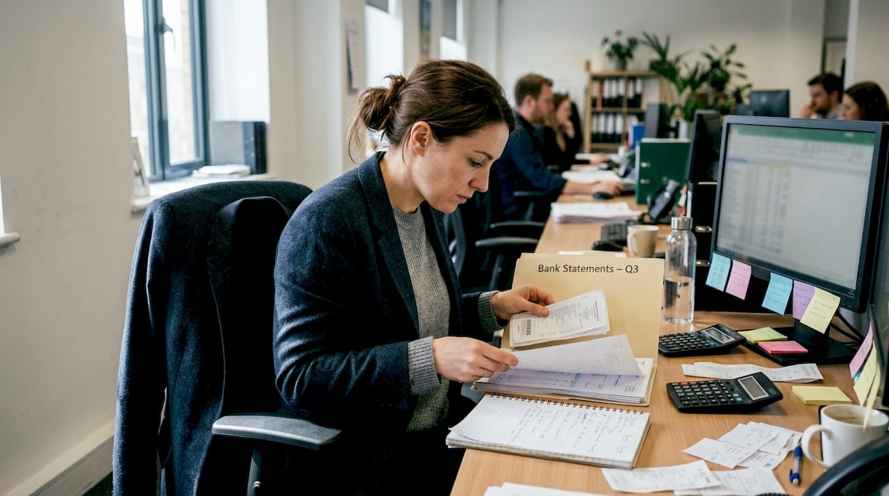 Operator handling bank statements at office desk