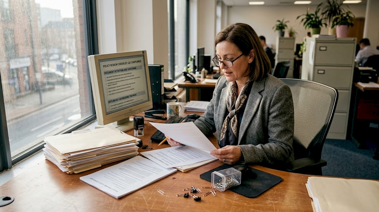 Compliance officer reviewing messy policy documents