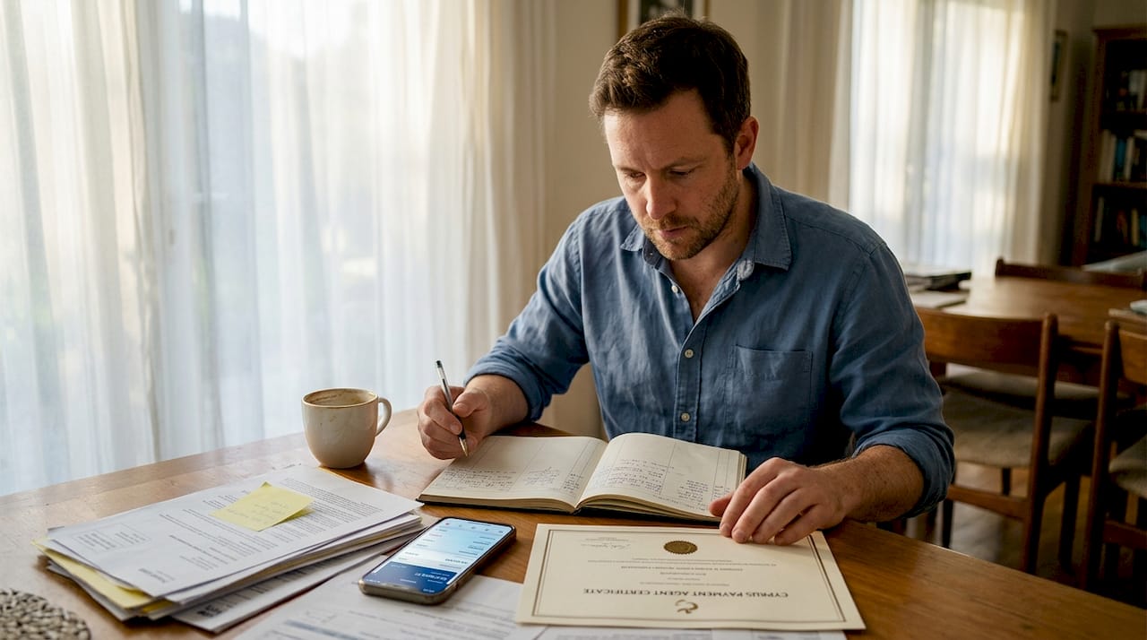 Business owner reviewing payment agent documents