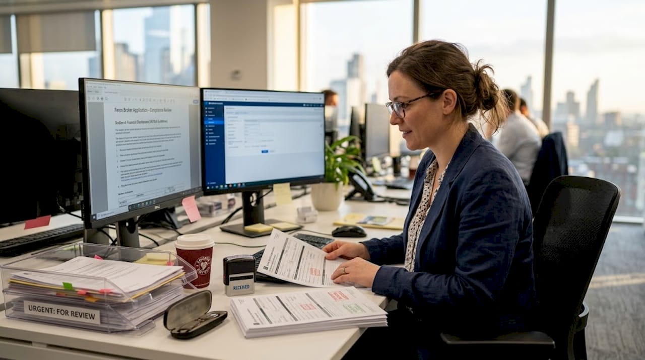 Bank compliance officer analyzing broker paperwork