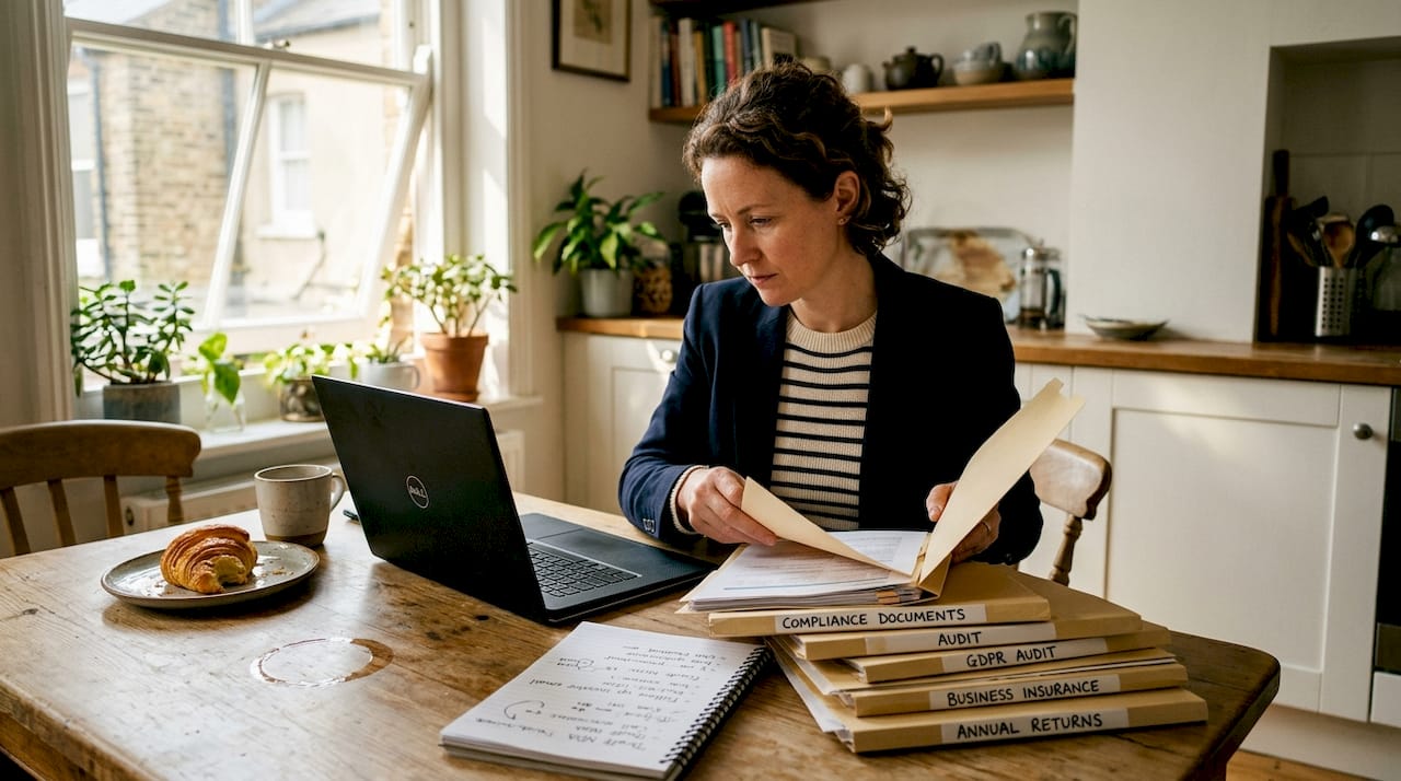 Woman organizing compliance documents at kitchen table